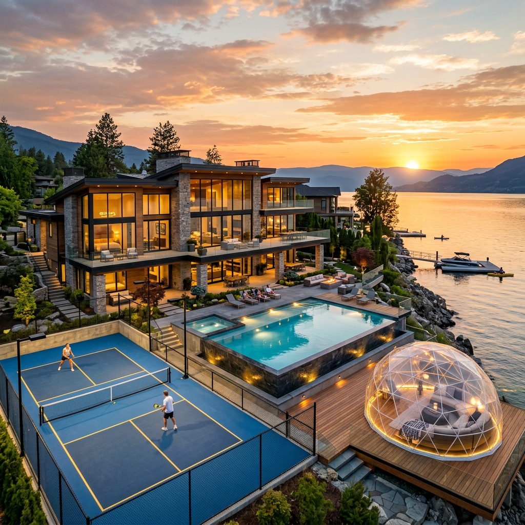 Headed Stays waterfront mansion at sunset